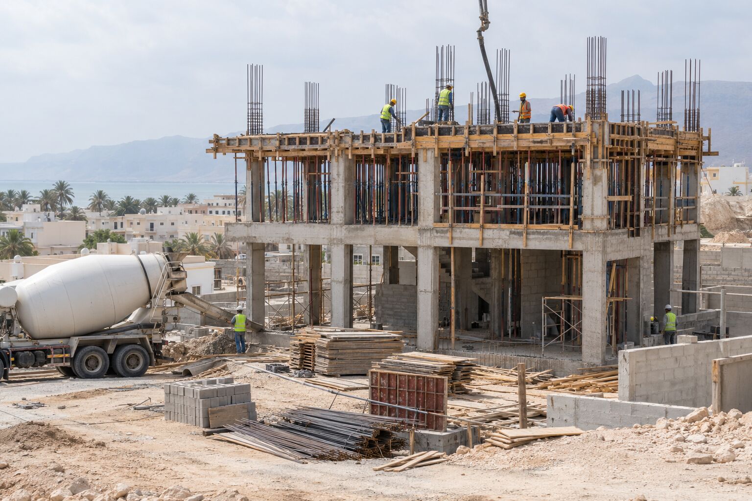 Illustrative image: a three-storey reinforced concrete frame under construction with timber formwork, a concrete mixer truck and a small crew in hi-vis vests and hard hats