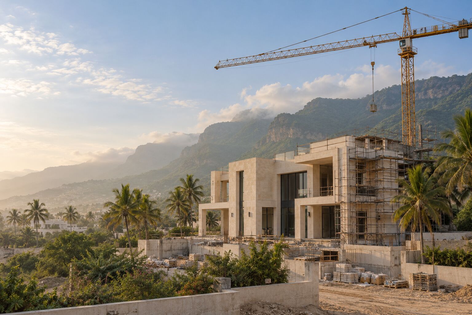 Illustrative image: a limestone villa nearing completion with scaffolding on one side and a tower crane beside it, palm trees in front and green mountains behind, in early morning light
