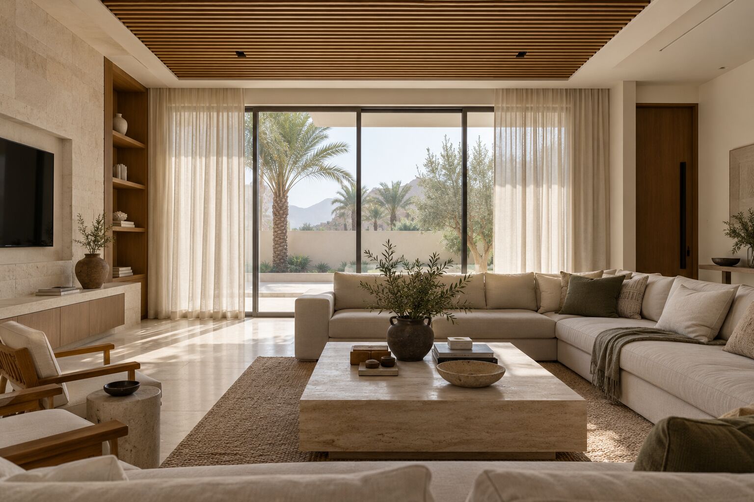 Illustrative image: a living room with a limestone floor, timber ceiling slats, built-in shelving, linen sofas and sheer curtains beside glass doors that open to palm trees