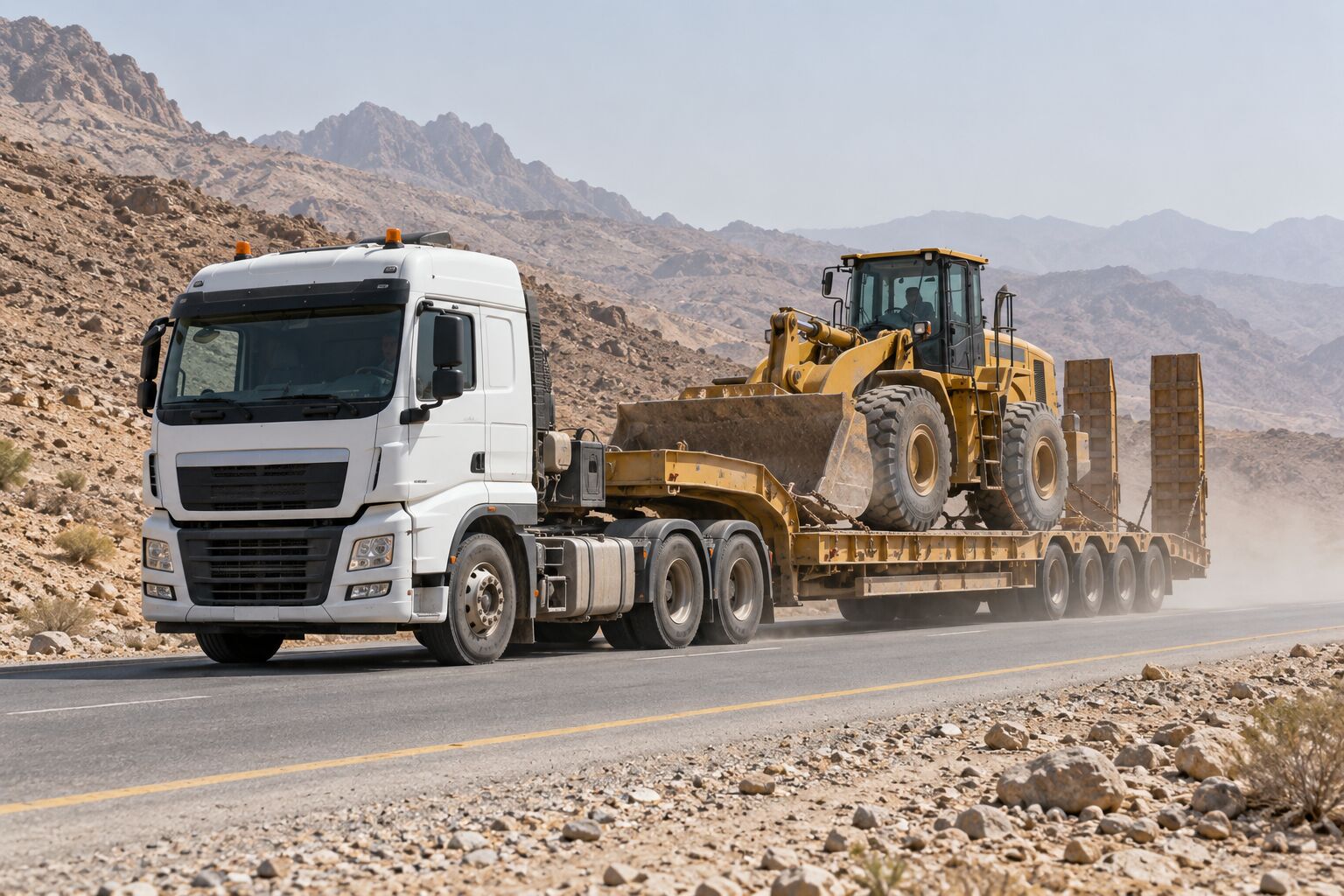 Illustrative image: a white heavy truck with a low-loader trailer carrying a yellow wheel loader along a road through dry, rocky hills