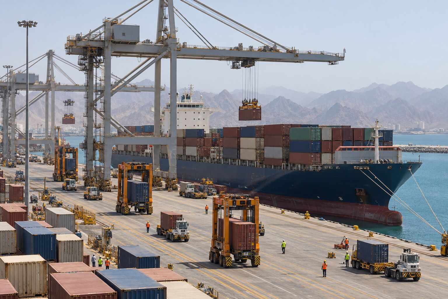 Illustrative image: ship-to-shore cranes working a container vessel at a quay in daylight, with straddle carriers and port crews in hi-vis below and hazy mountains behind