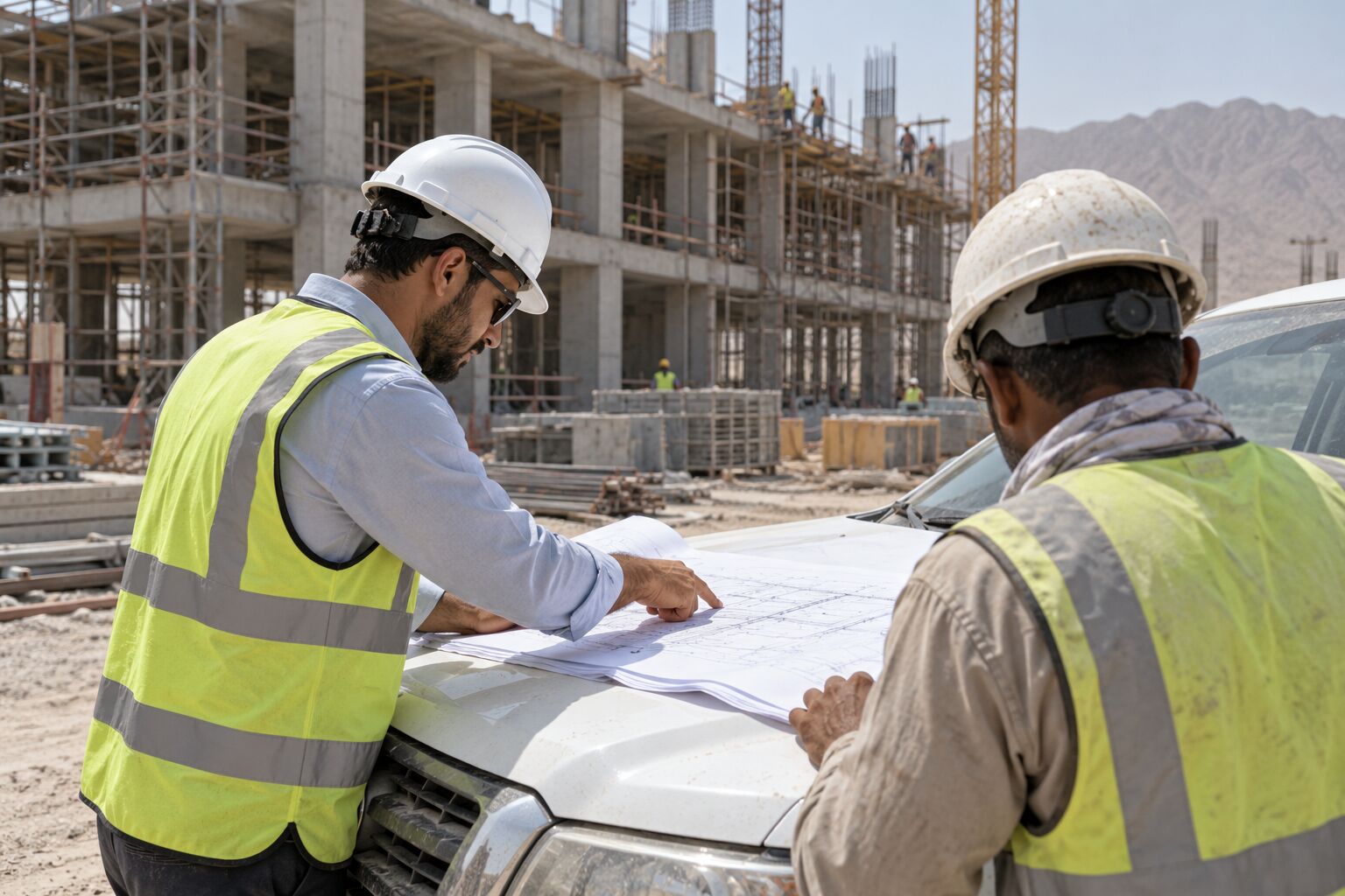 Illustrative image: two men in hi-vis vests and white hard hats reviewing printed drawings on the bonnet of a white pickup, with a concrete frame and scaffolding behind